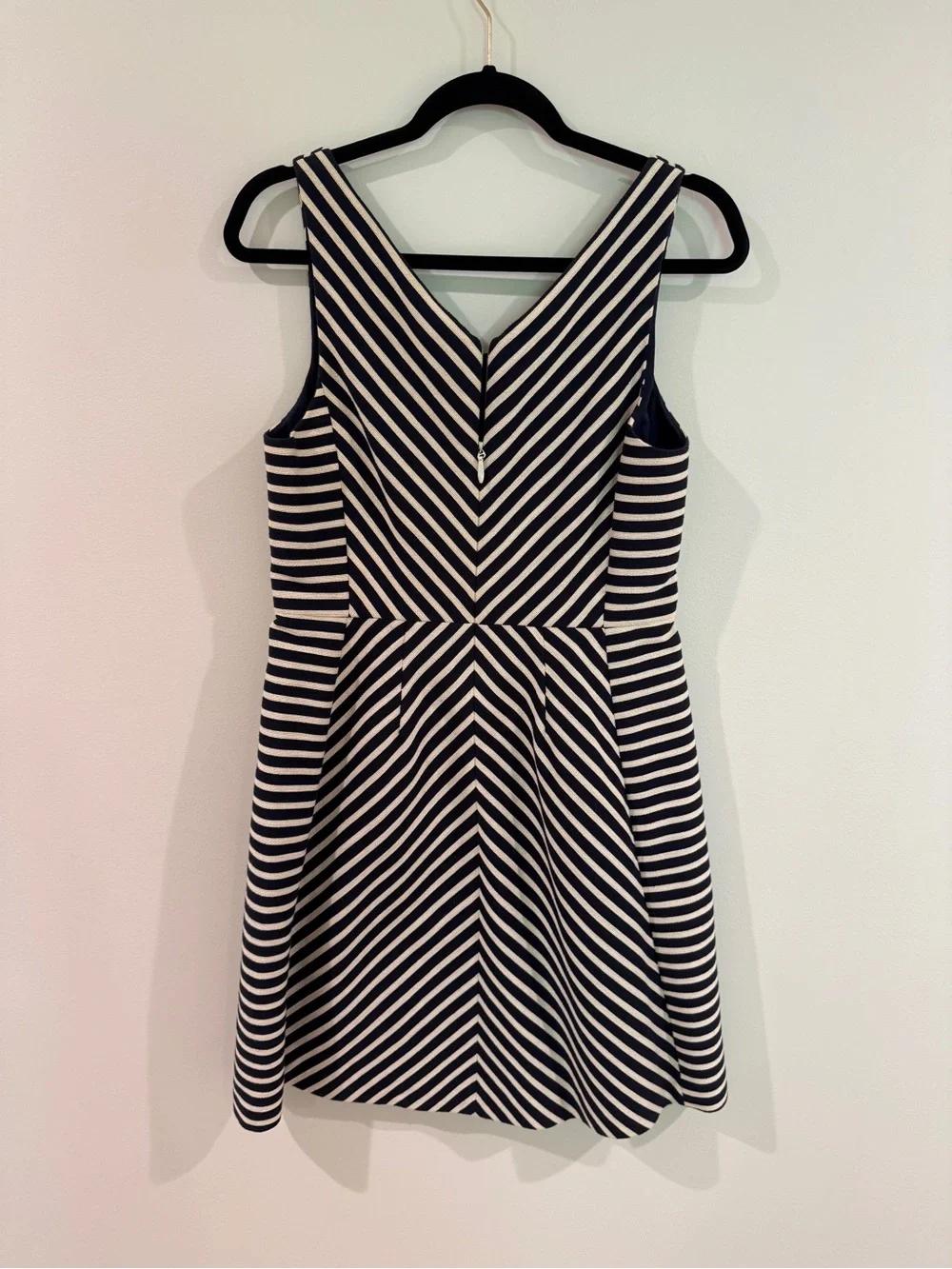 Anthropologie Maeve Navy and White Striped V-Neck Fit & Flare Dress
